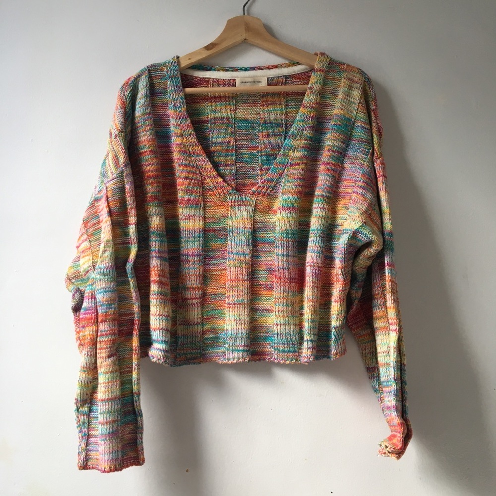 Cropped rainbow v neck sweater